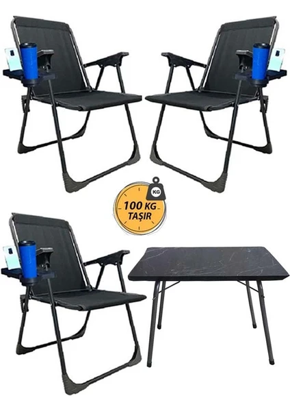 KampSeti 3 Adet Katlanır Kamp Sandalye ve Masa Seti-Taşınabilir Piknik Bahçe Sandalyesi-Masası